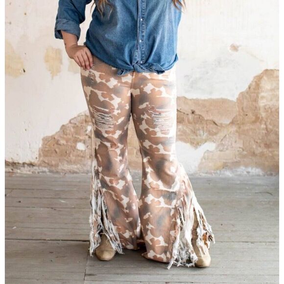 L&B Denim - L&B Lucky & Blessed  Brown & White Distressed Flare Jeans with Fringe Cow PRINT